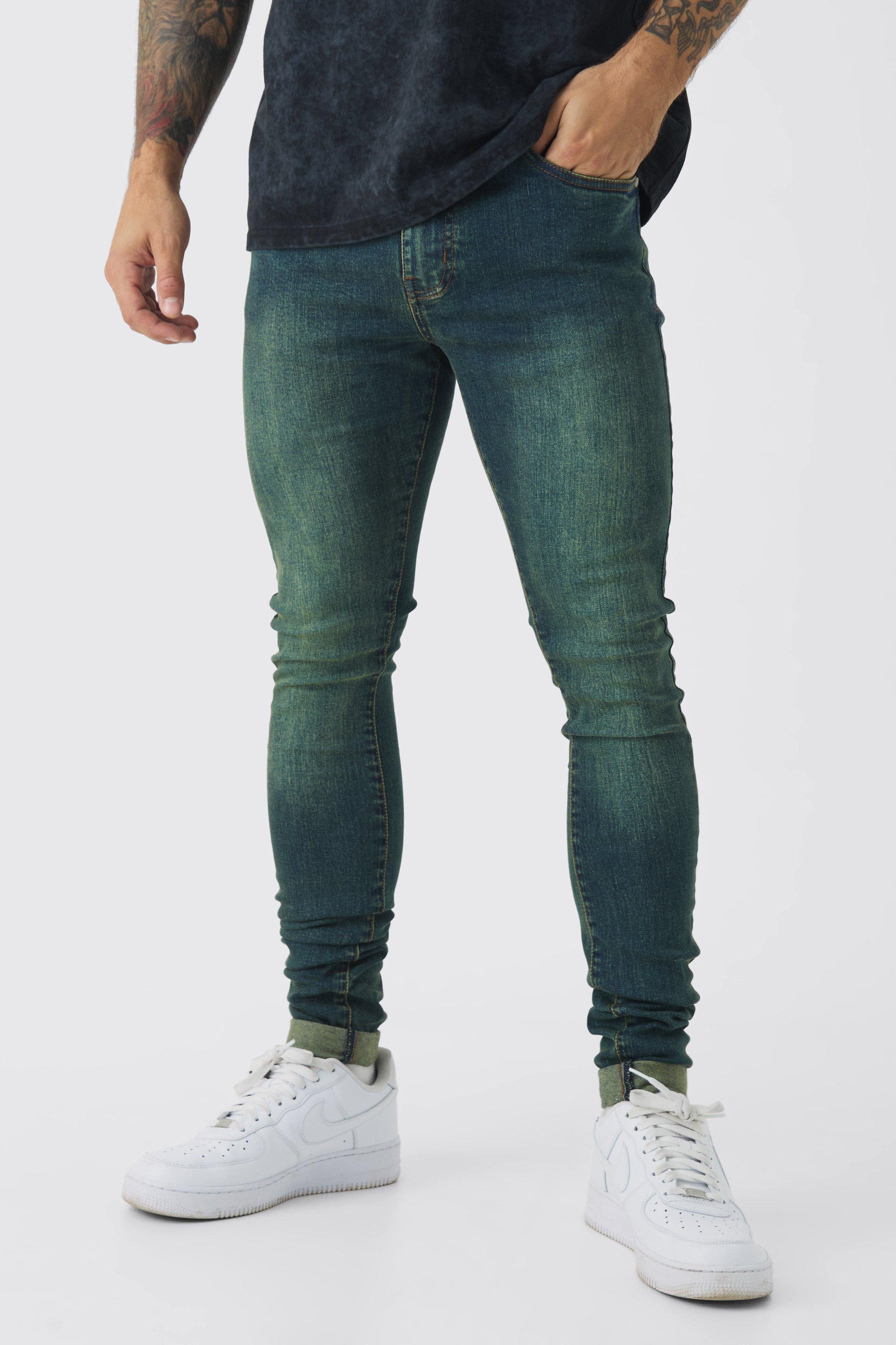 Mens Super Skinny Stretch Stacked Green Tinted Jeans, Green